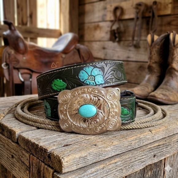 WOMEN\'S WESTERN GENUINE LEATHER BELT, COWGIRL HANDCRAFTED WITH BUCKLE SIZE MEDIU main image 12
